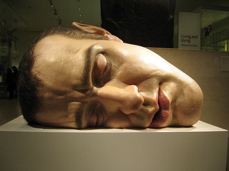 Ron Mueck, Mask II, 2001–02. A hyperrealistic sculpture of a sleeping human face, vastly oversized, resting on a gallery plinth.